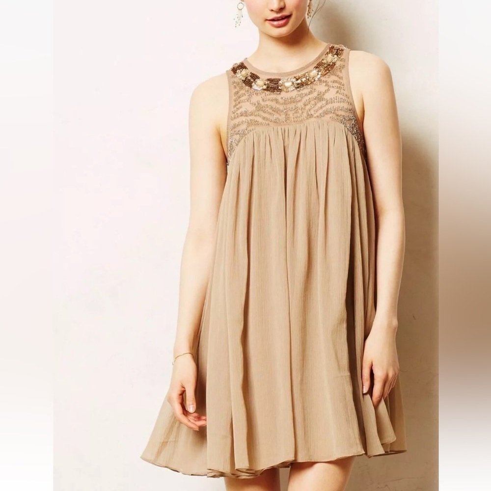 NWT Moulinette Soeurs Anthropologie Sonora Swingy Swing Taupe Beaded Dress 2